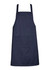 A navy blue bib apron featuring a front pocket and adjustable straps, with branding present.