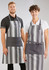 A striped grey and white apron is worn by a smiling man and woman. The aprons have a logo on them.