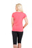 A fitted women's American style T-shirt in coral, paired with black capri leggings. It features a logo on the back.