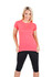 A woman models a short-sleeved, coral pink American style T-shirt paired with black leggings. The shirt features a logo.