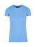 A light blue women's t-shirt with a slim fit and rounded neckline, featuring a logo on the label.