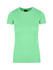 A mint green women's T-shirt with a classic crew neck and short sleeves, featuring a logo on the neckline.