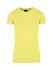 A women's fitted t-shirt in bright yellow with short sleeves and a round neckline. It features a logo on the label.