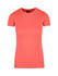 A coral women's t-shirt with short sleeves and a round neckline, featuring a logo on the label.