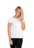 A woman wearing a fitted white short-sleeve t-shirt, smiling and posing against a plain background.