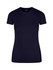 A women's slim fit tee in navy blue with short sleeves and a round neckline, featuring a logo.