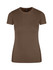 A women's slim fit tee in a brown colour, featuring a rounded neckline and short sleeves. It has a logo on the label.