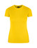 A bright yellow women's slim fit t-shirt with a round neckline and short sleeves. The shirt has a logo on the label.