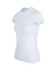 A women's slim fit tee in white, featuring a classic round neckline and short sleeves. It has a logo displayed.