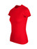 A women's slim fit tee in bright red, featuring a round neckline and short sleeves, with a logo on the garment.