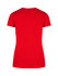 A red women's slim fit tee with a rounded neck and short sleeves, featuring a logo on the back.