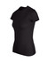 A black women's slim fit tee with short sleeves, featuring a simple design and a logo on the chest.
