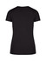 A black women's slim fit tee with short sleeves, featuring a plain back design and a logo.