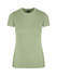 A green women's slim fit tee with short sleeves and a round neckline. It features a logo on the collar area.