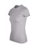 A grey women's slim fit t-shirt with short sleeves and a round neckline. Features a logo on the design.