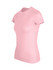 A pink women's slim fit tee with short sleeves and a round neckline, featuring a small logo.