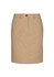 A khaki women's skirt featuring a front button closure and two side pockets. It has a simple and classic design.