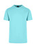 A turquoise unisex t-shirt with a crew neck and short sleeves, featuring a logo on the collar.