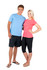 A blue unisex t-shirt is worn by a male model, while a female model wears a pink t-shirt, both paired with casual shorts and leggings.