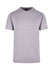 A grey unisex t-shirt with a round neck and short sleeves, featuring a logo on the label.
