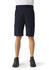 Men's dress shorts in navy blue with pockets and a belt. Featured on a man wearing black shoes.