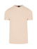 A beige men's slim fit t-shirt with a round neck and short sleeves, featuring a logo on the tag.