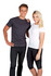 A men's slim fit T-shirt in grey and a women's T-shirt in white, displayed on two models. Both shirts feature branding.