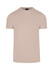 A beige men's slim fit T-shirt with a round neckline and short sleeves. It features a logo on the tag.