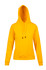 A yellow women's junior kangaroo pocket hoodie with a drawstring hood and a front pocket.