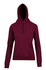 A burgundy hooded jumper featuring a kangaroo pocket and drawstring hood, with a logo on the garment.