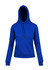 A blue women's juniors kangaroo pocket hoodie with a front pocket and a drawstring hood. It has a logo on it.