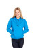 A blue women's/juniors hoodie with a kangaroo pocket, featuring a drawstring hood and a logo.
