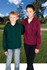 A green hoodie worn by a boy and a burgundy hoodie worn by a girl, both with kangaroo pockets.