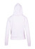 A white women's juniors kangaroo pocket hoodie, featuring a hood and long sleeves, viewed from the back.