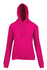 A bright pink kangaroo pocket hoodie with a hood and drawstrings. Features a front pouch and long sleeves.