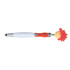 A red and white Mop Top Jazz pen/stylus featuring a fluffy top with a smiley face and a logo.