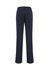Navy slacks with a straight-leg cut and pockets at the back, featuring a logo on the waistband.