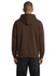 A brown men's kangaroo pocket hoodie is displayed from the back, featuring a hood and a simple design.