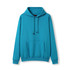 A turquoise men's hoodie featuring a kangaroo pocket and a drawstring hood, with a logo present.