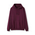 A maroon hoodie featuring a kangaroo pocket and a drawstring hood. The design includes a logo.