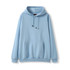 A light blue men's hoodie with a kangaroo pocket and a drawstring hood, featuring a logo.