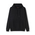A black men's hoodie featuring a kangaroo pocket and drawstring hood, with a subtle logo on it.