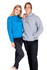 A blue women's hoodie with a kangaroo pocket and a grey men's hoodie, both featuring drawstring hoods.