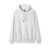 A light grey hoodie featuring a kangaroo pocket and a drawstring hood. It has a logo on the front.
