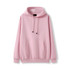 A pink men's hoodie with a kangaroo pocket and a drawstring hood, featuring a logo.