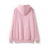 A pink hoodie with a kangaroo pocket and a hood, featuring a plain back design.