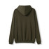 An olive green men's kangaroo pocket hoodie with a fitted design and a hood at the back.
