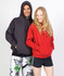 A grey and a red kangaroo pocket hoodie on a man and a woman, both smiling, with casual shorts and swimwear.