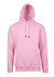 A pink hoodie with a kangaroo pocket and a hood. The design includes a logo on the front.