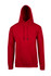 A red men's hoodie featuring a kangaroo pocket and a drawstring hood, with a logo on it.